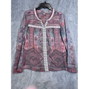 BKE Women's Blouse Size S Small Long Sleeve Multicolor Aztec‎ Print Embellished